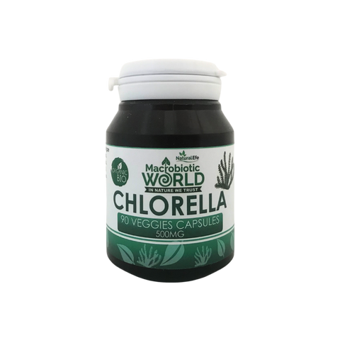 Chlorella supplement bottle with green label on a white background