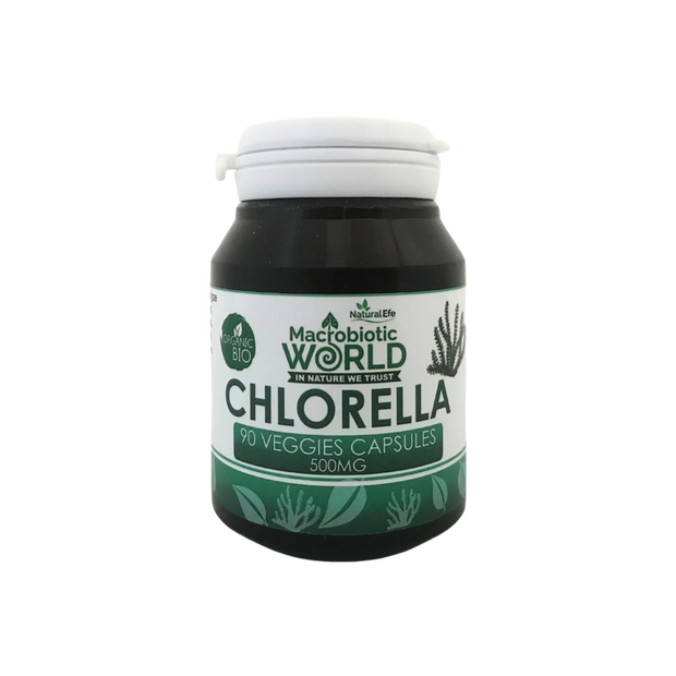 Chlorella supplement bottle with green label on a white background