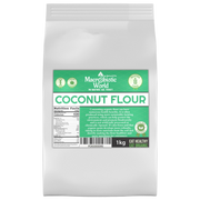 Bag of coconut flour with a green label on a white background
