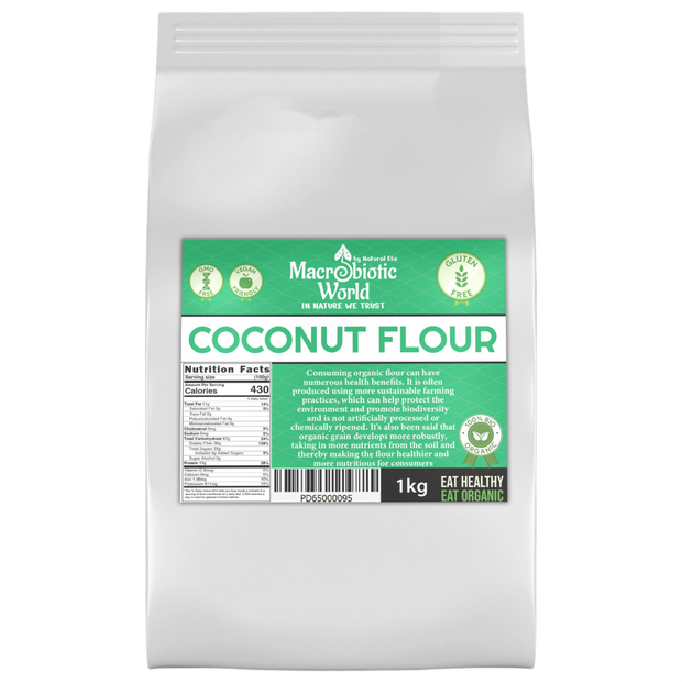 Bag of coconut flour with a green label on a white background