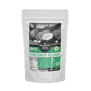 Package of Organic Bio Coconut Flour with coconut images on a white background