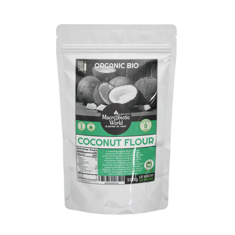 Package of Organic Bio Coconut Flour with coconut images on a white background