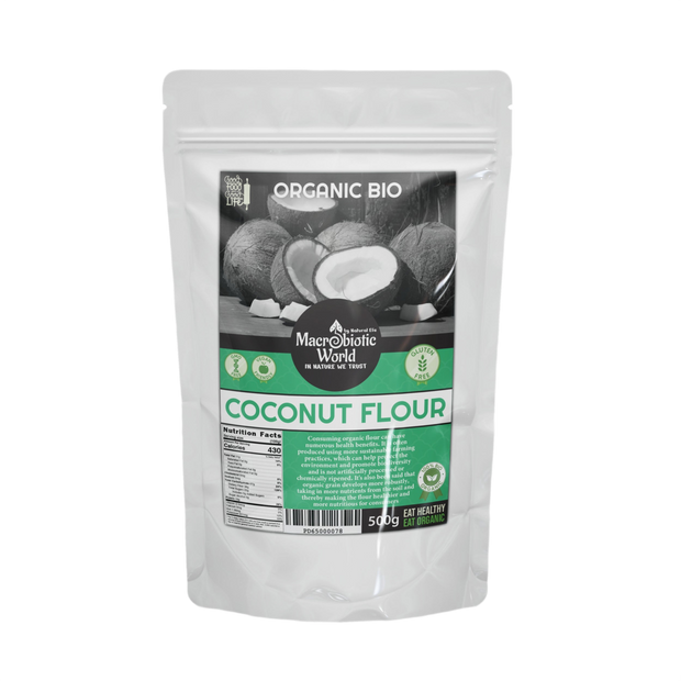 Package of Organic Bio Coconut Flour with coconut images on a white background