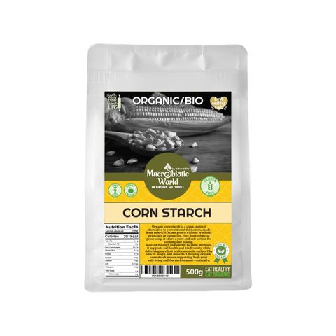 Package of Macrobiotic World Corn Starch on a white background