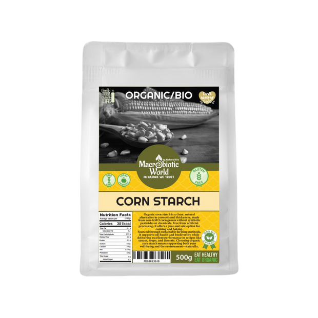 Package of Macrobiotic World Corn Starch on a white background