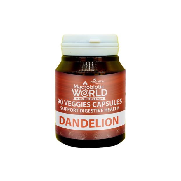 Bottle of Dandelion capsules by Macrobiotic World on a white background