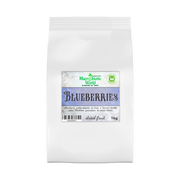 Bag of dried blueberries with a label on a white background