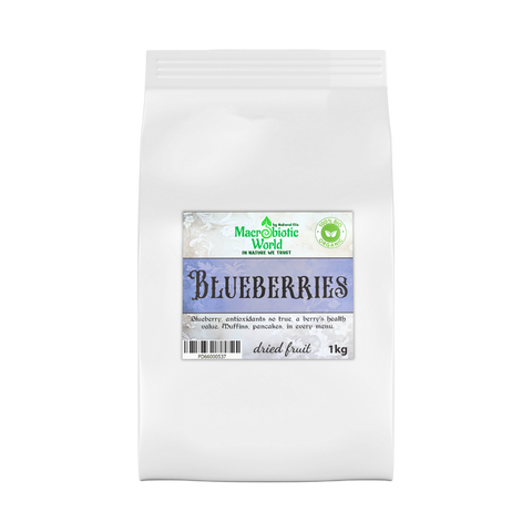 Bag of dried blueberries with a label on a white background