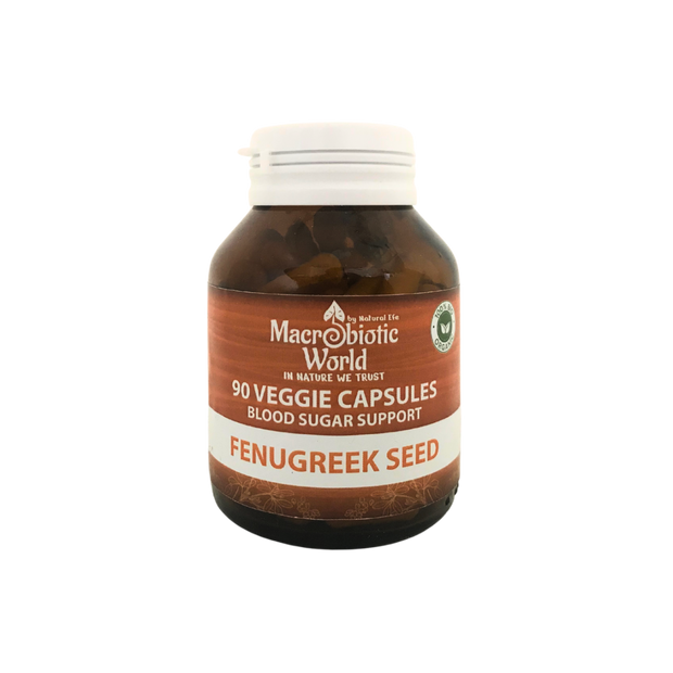 Bottle of Macrobiotic World Fenugreek Seed capsules on a white background