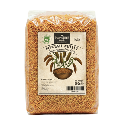 Bag of foxtail millet with a label on a white background