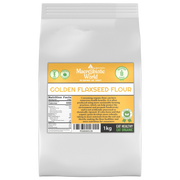 Bag of Golden Flaxseed Flour with a label on a white background