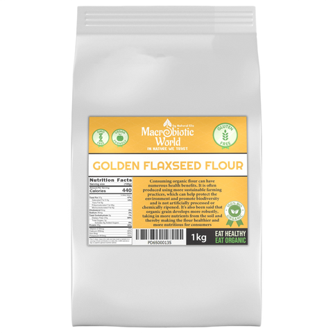 Bag of Golden Flaxseed Flour with a label on a white background