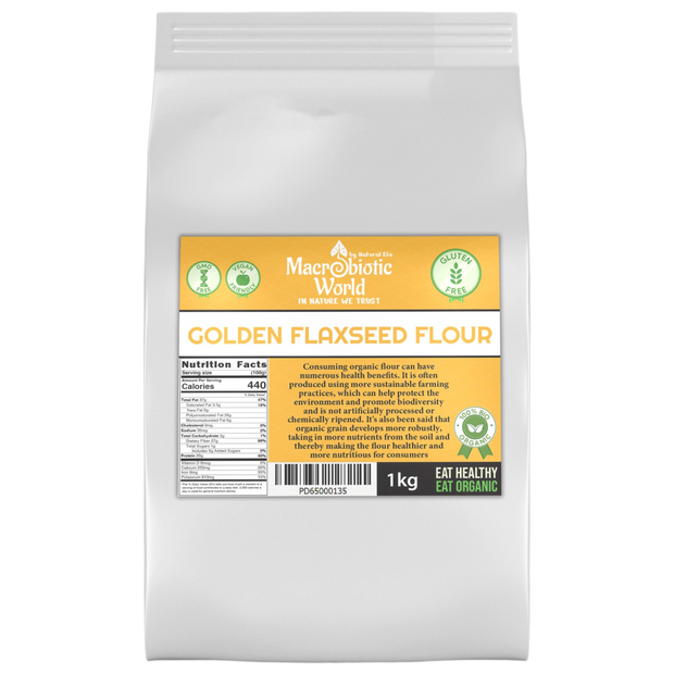 Bag of Golden Flaxseed Flour with a label on a white background