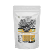 Package of Organic Bio Golden Flaxseed Flour with visible branding on a white background