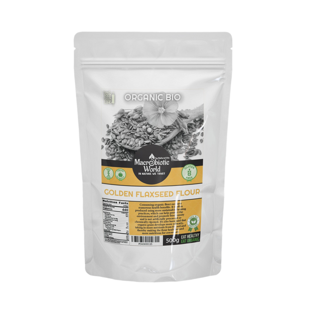 Package of Organic Bio Golden Flaxseed Flour with visible branding on a white background