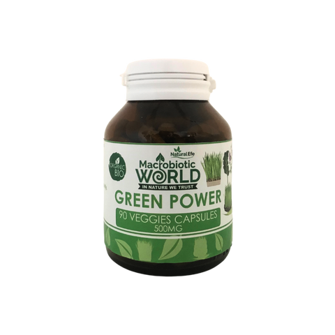 Bottle of Mactabiotic World Green Power capsules on a white background