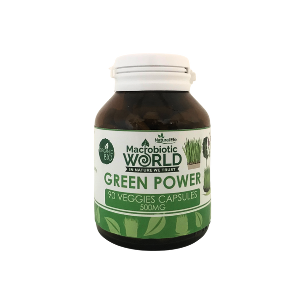 Bottle of Mactabiotic World Green Power capsules on a white background