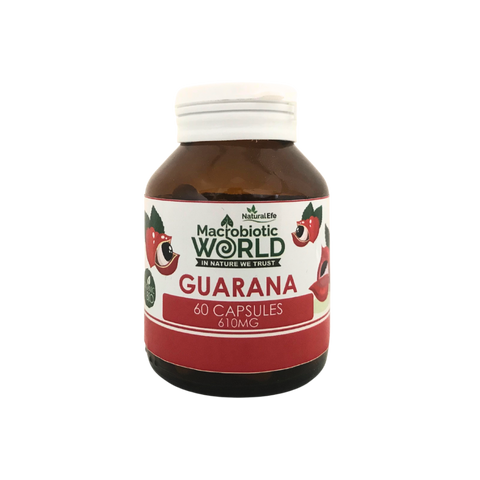 Bottle of Macrobiotic World Guarana capsules on a white background