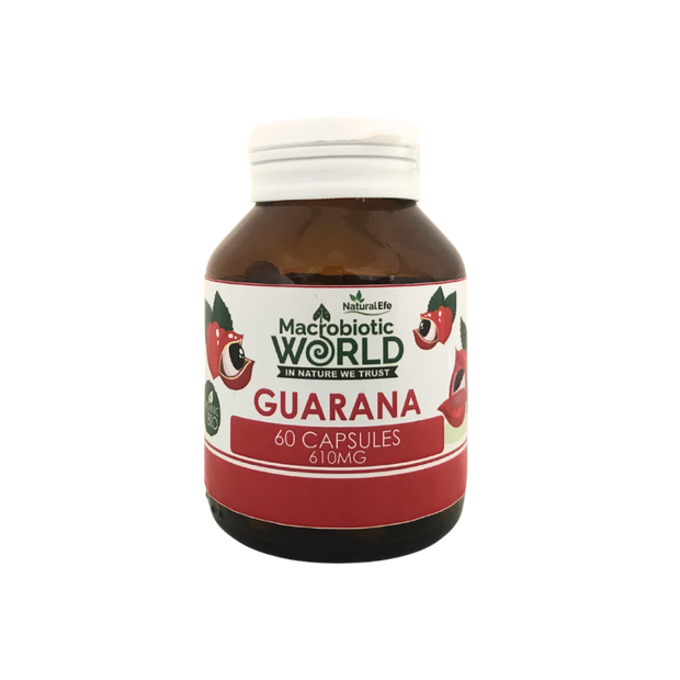 Bottle of Macrobiotic World Guarana capsules on a white background
