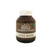 Bottle of Lions Mane capsules by Macrobiotic World on a white background