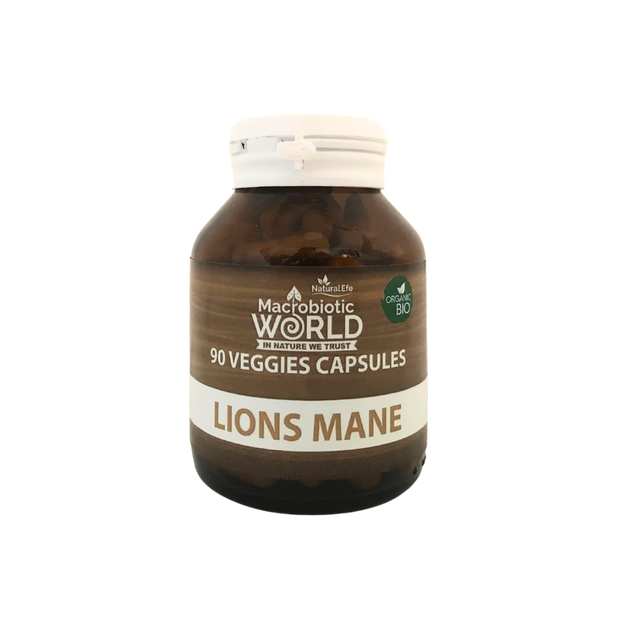 Bottle of Lions Mane capsules by Macrobiotic World on a white background