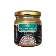 Jar of Macadamia Butter with decorative label on a white background