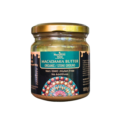 Jar of Macadamia Butter with decorative label on a white background