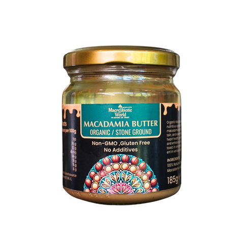 Jar of Macadamia Butter with decorative label on a white background