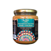 Jar of Macademia Butter with decorative label on a white background