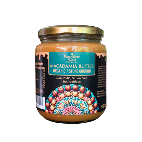 Jar of Macademia Butter with decorative label on a white background