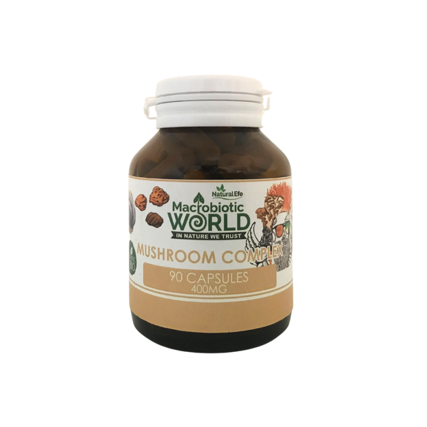 Bottle of Mushroom Complex capsules by Macrobiotic World on a white background