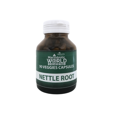 Bottle of Macrobiotic World Nettle Root capsules on a white background
