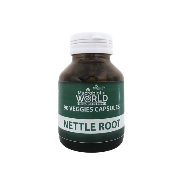 Bottle of Macrobiotic World Nettle Root capsules on a white background