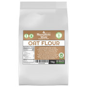 Bag of Macrobiotic World oat flour on a white background