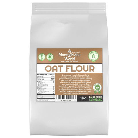 Bag of Macrobiotic World oat flour on a white background