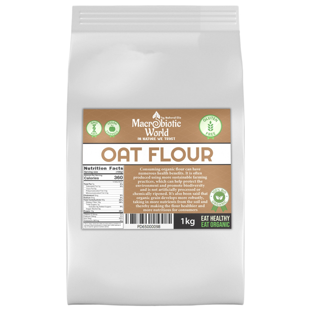Bag of Macrobiotic World oat flour on a white background