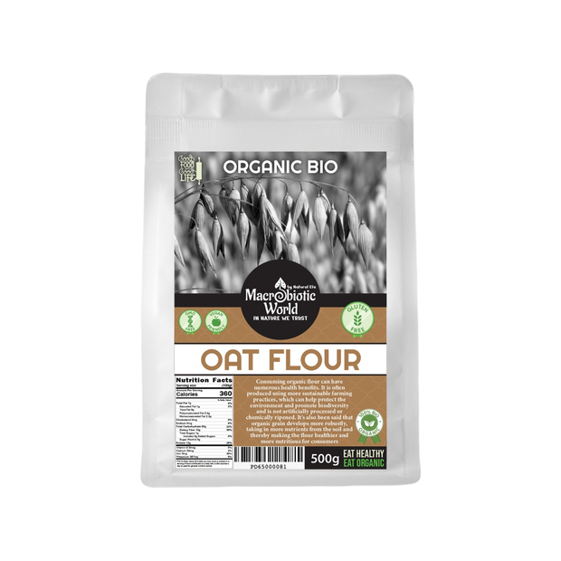 Package of Macrobiotic World Organic Bio Oat Flour on a white background