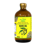 Bottle of olive oil with a yellow label on a white background