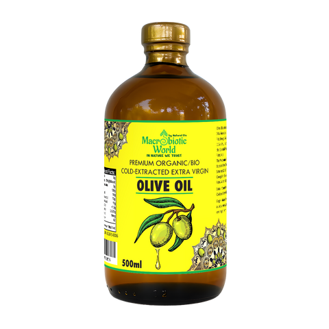 Bottle of olive oil with a yellow label on a white background