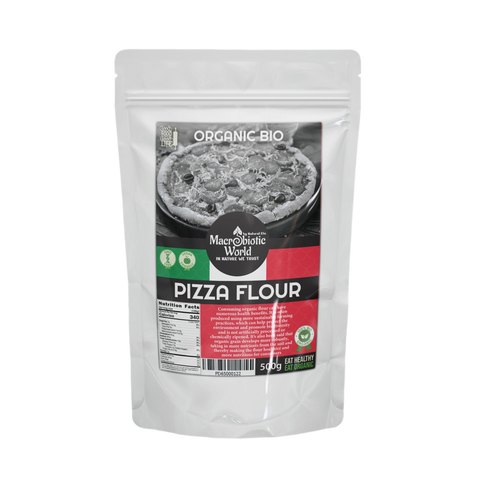 Bag of organic pizza flour with a label on a white background