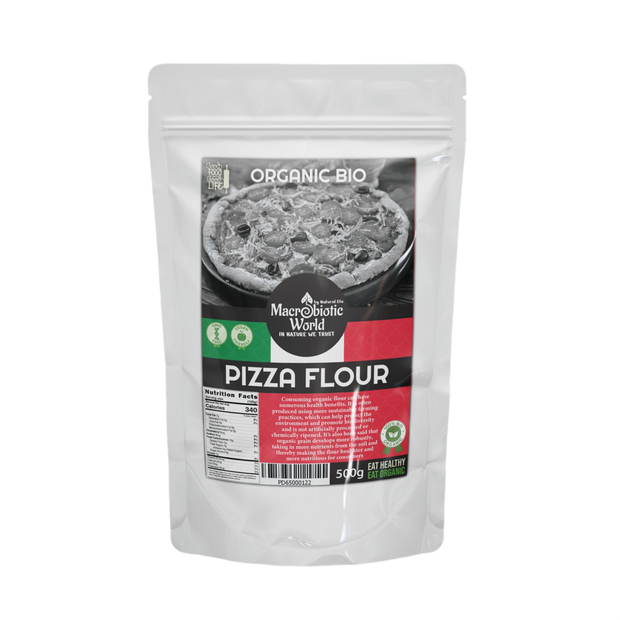 Bag of organic pizza flour with a label on a white background