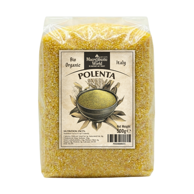 Bag of polenta with a label on a white background