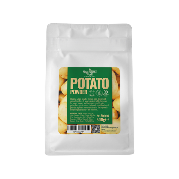 Package of potato powder with a green label on a white background