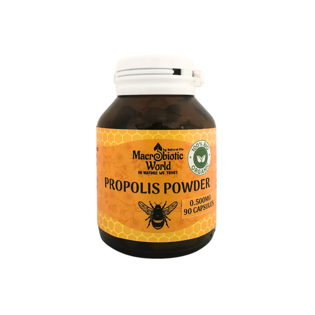 Bottle of Macrobiotic World Propolis Powder on a white background