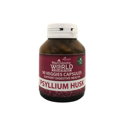 Bottle of Macrobiotic World Psyllium Husk capsules on a white background