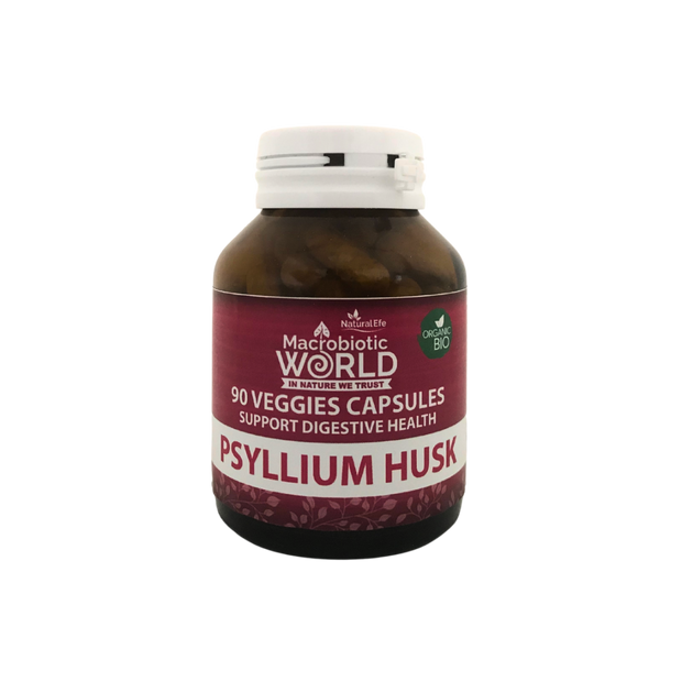 Bottle of Macrobiotic World Psyllium Husk capsules on a white background