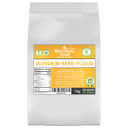 Bag of pumpkin seed flour with a label on a white background