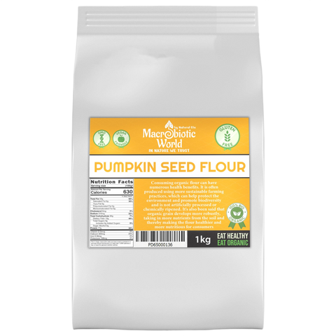 Bag of pumpkin seed flour with a label on a white background