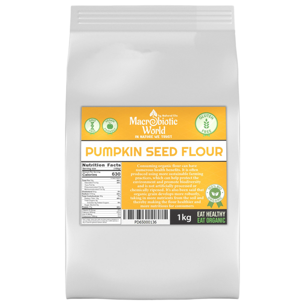 Bag of pumpkin seed flour with a label on a white background
