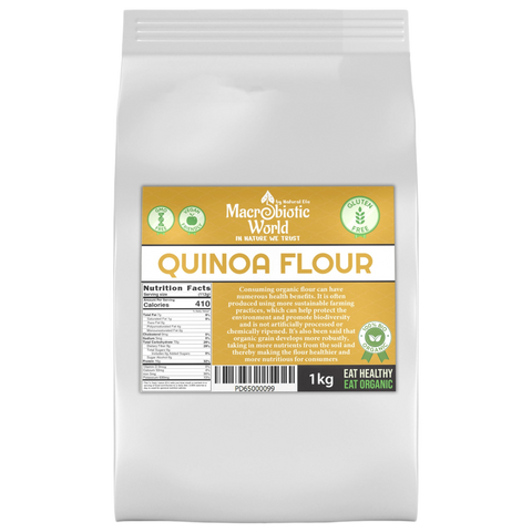 Bag of Macrobiotic World Quinoa Flour on a white background